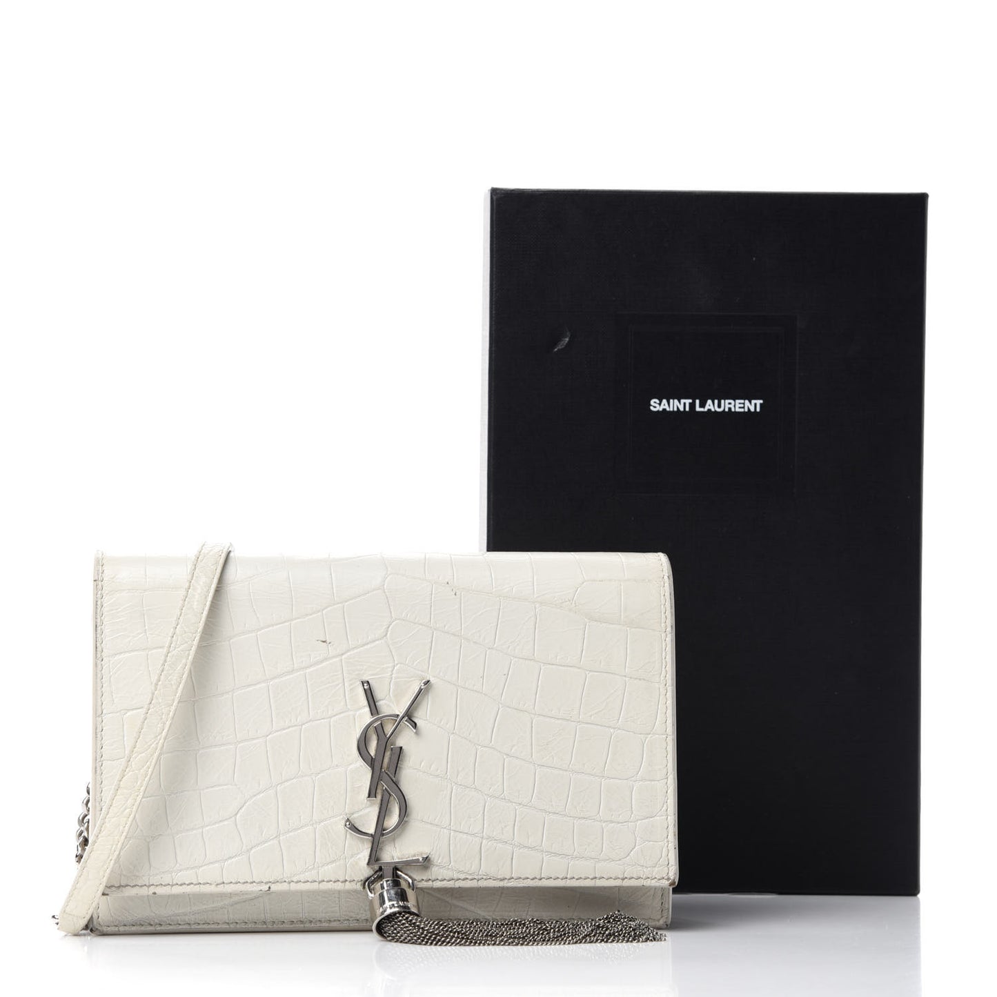 Calfskin Crocodile Embossed Kate Monogram Tassel Chain Wallet Cremasoft