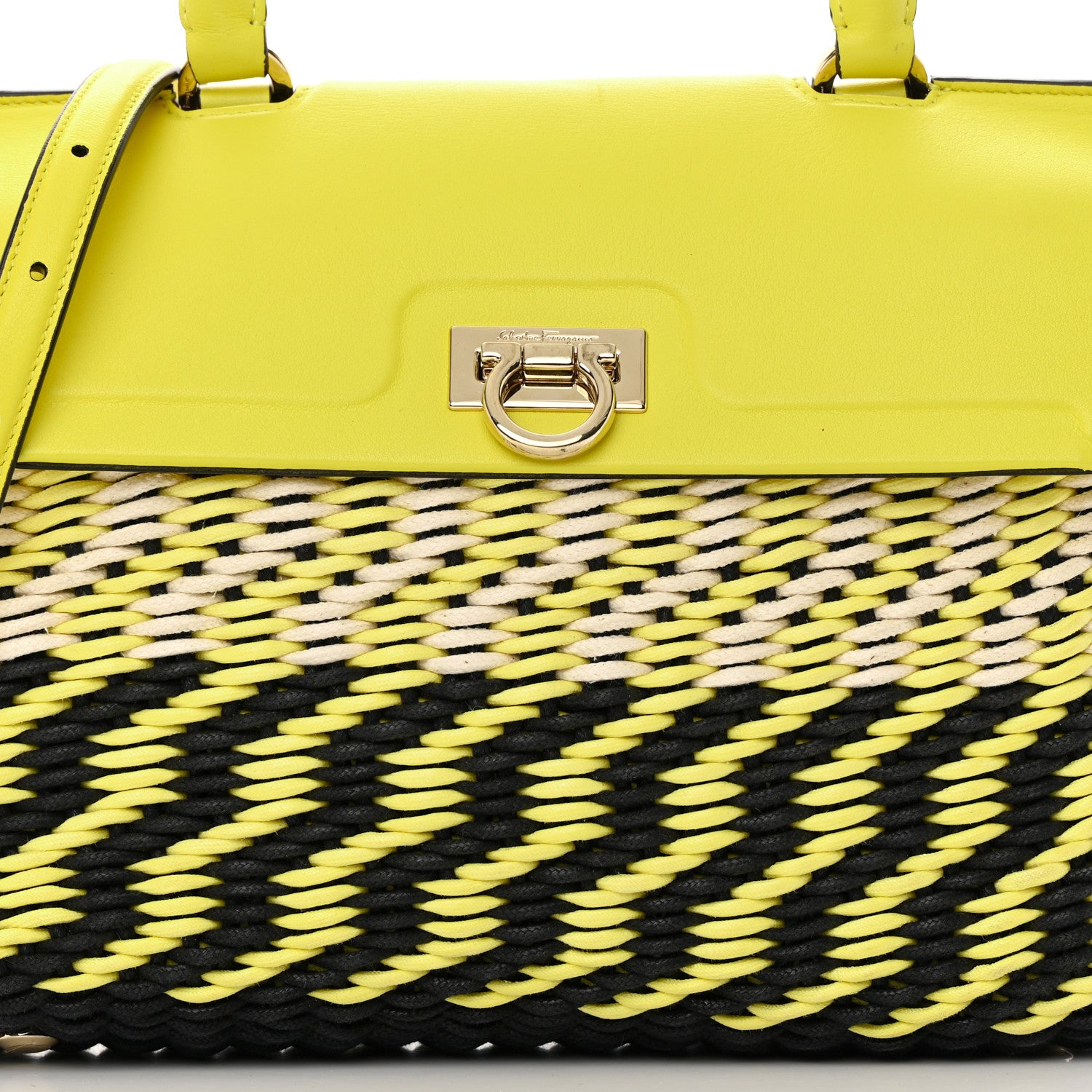 Salvatore Ferragamo Woven Calfskin Trifolio Top Handle Bag Yellow Black 8 of 15