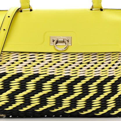 Salvatore Ferragamo Woven Calfskin Trifolio Top Handle Bag Yellow Black 8 of 15