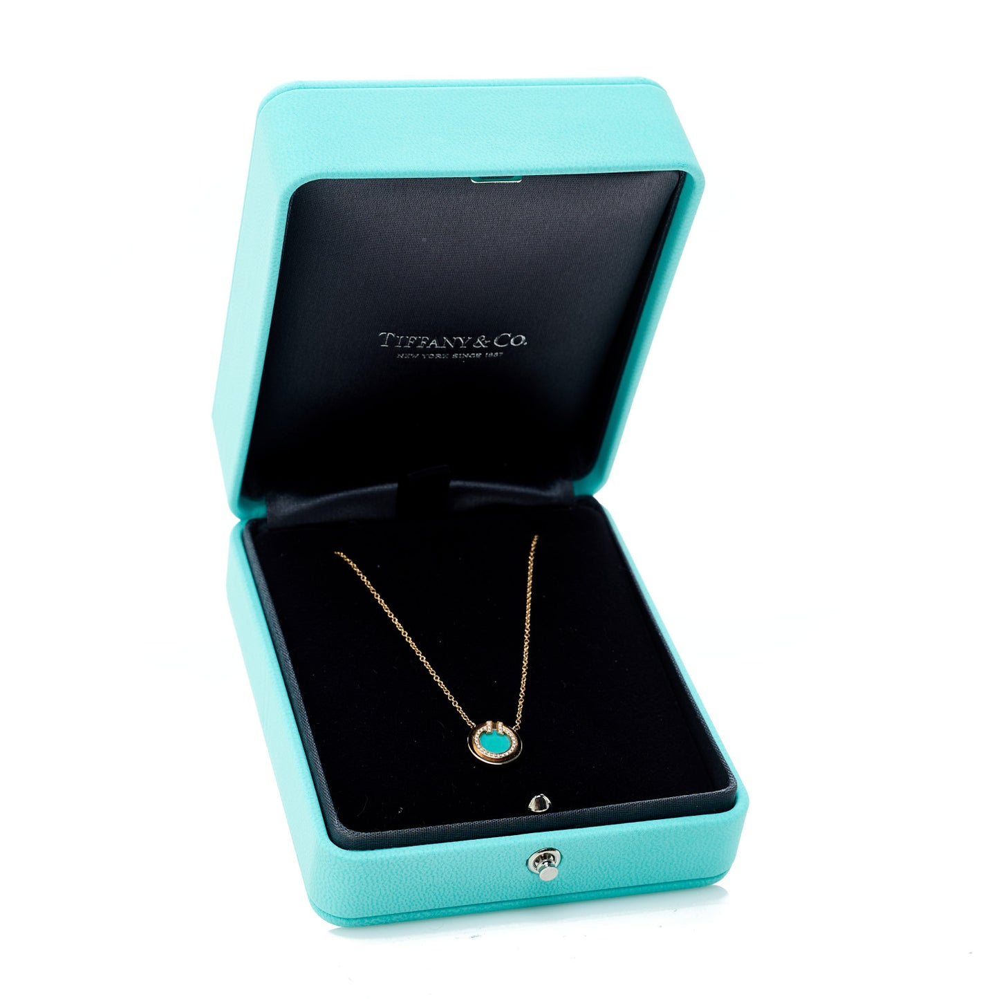 18K Rose Gold Diamond Turquoise Small T Circle Pendant Necklace