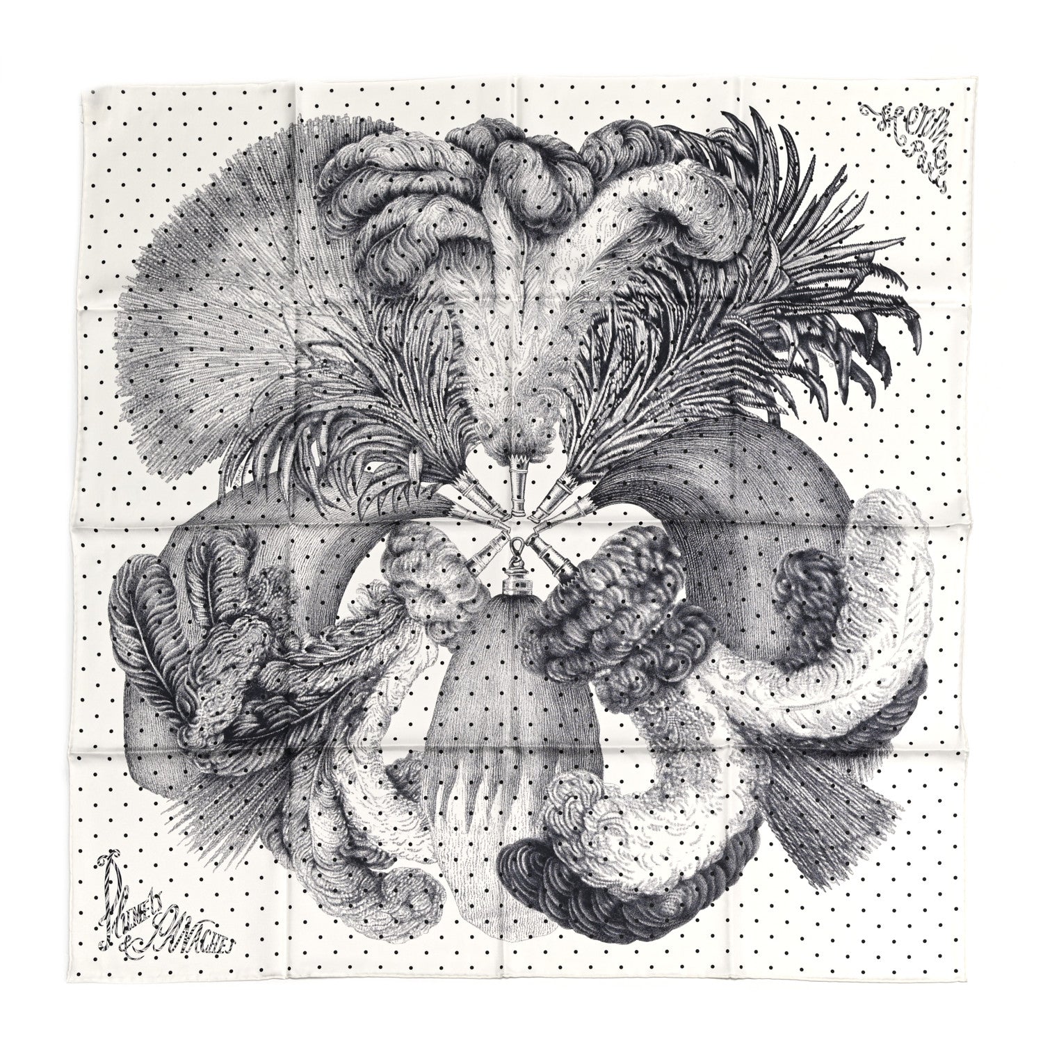 Hermes Silk Plumets Et Panaches Scarf 90 White Black Anthracite 1 of 6