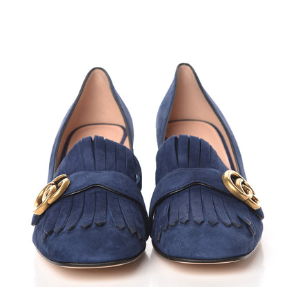 Gucci Kid Scamosciato GG Marmont Fringe 50mm Loafer Pumps 41 Blue Ink 2 of 10