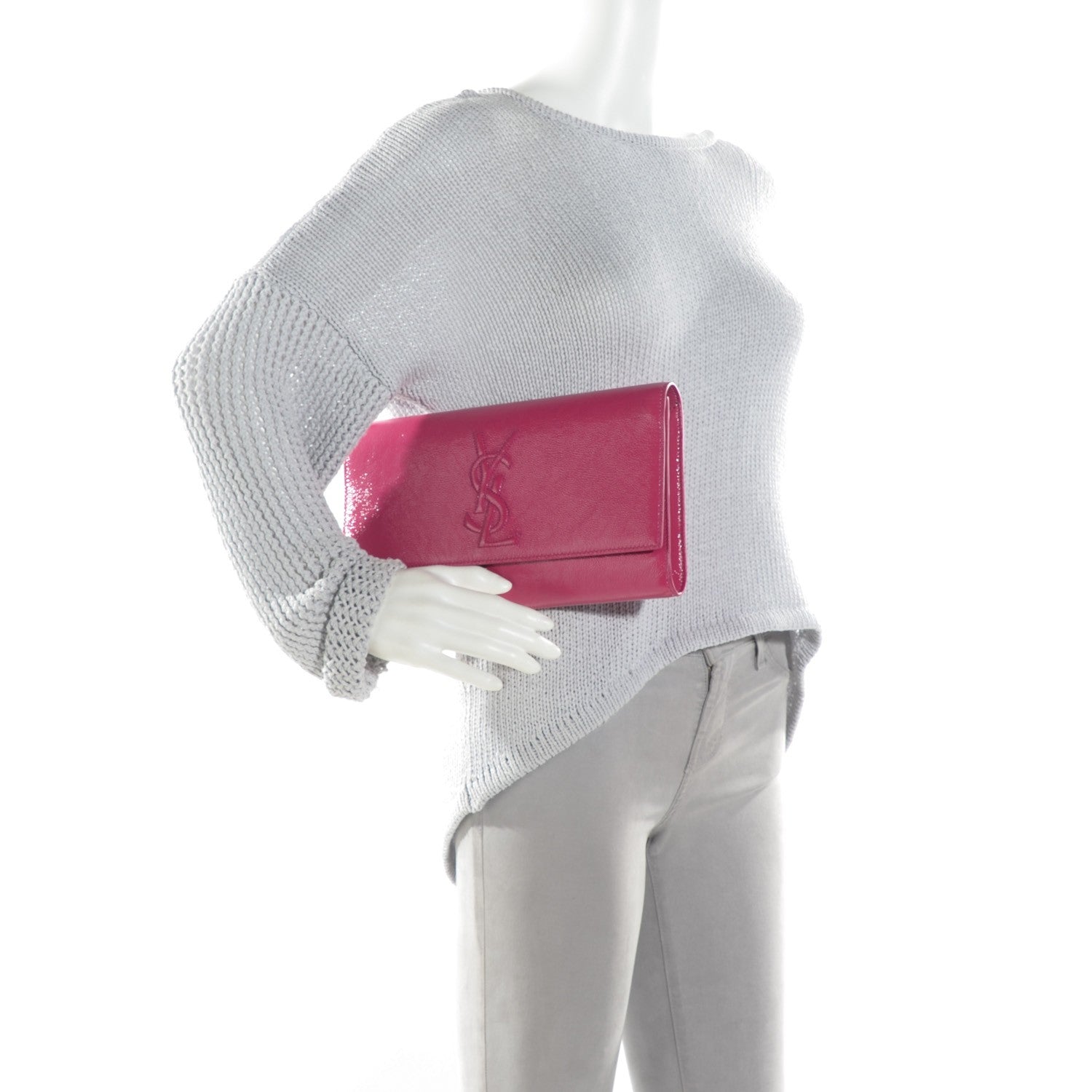 Saint Laurent Textured Patent Monogram Large Belle De Jour Clutch Fuchsia 2 of 7