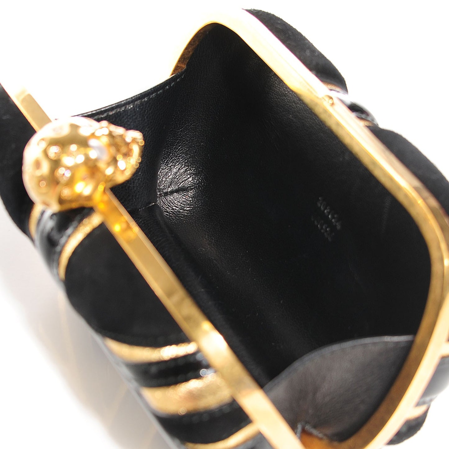 Patent Calfskin Suede Britannia Skull Box Clutch Black Gold
