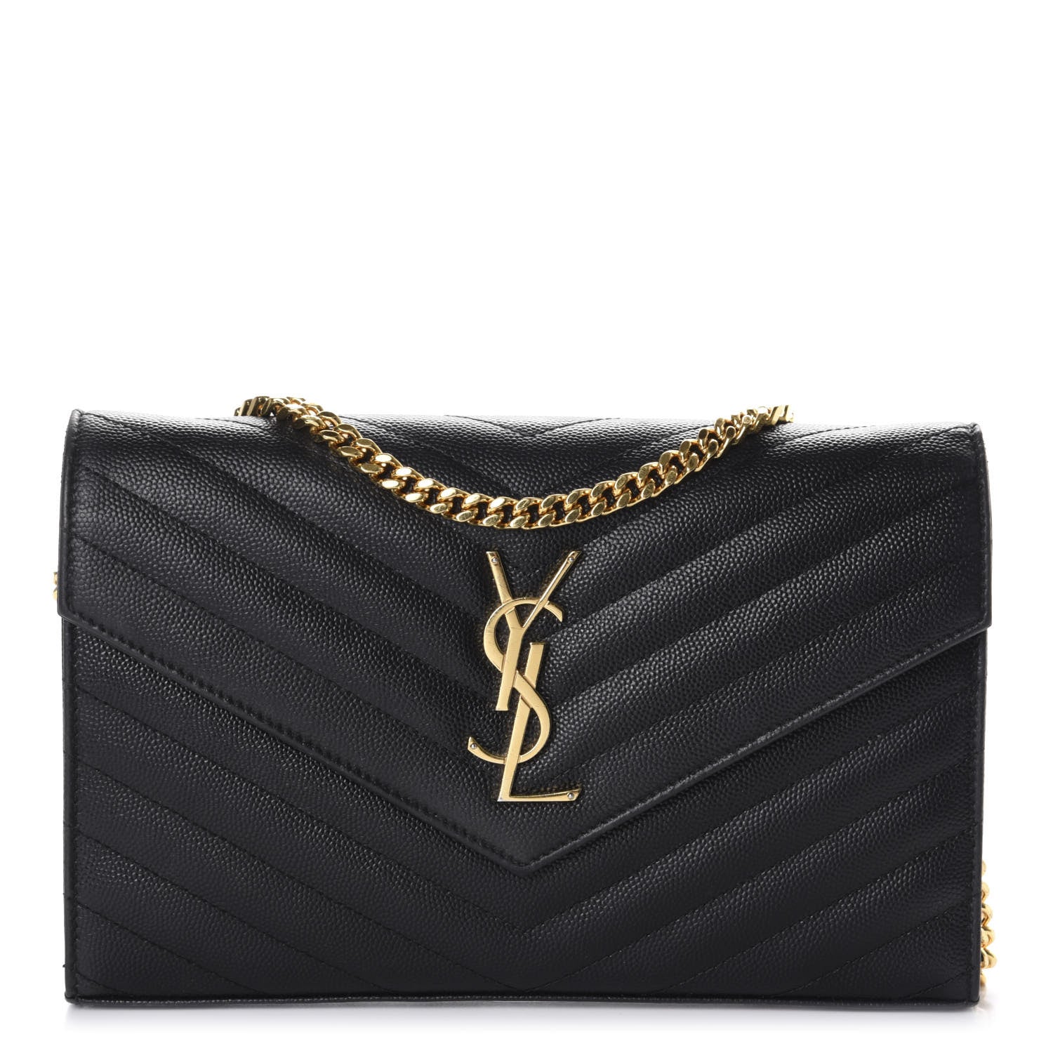Saint Laurent Grain De Poudre Matelasse Chevron Monogram Chain Wallet Black 1 of 10