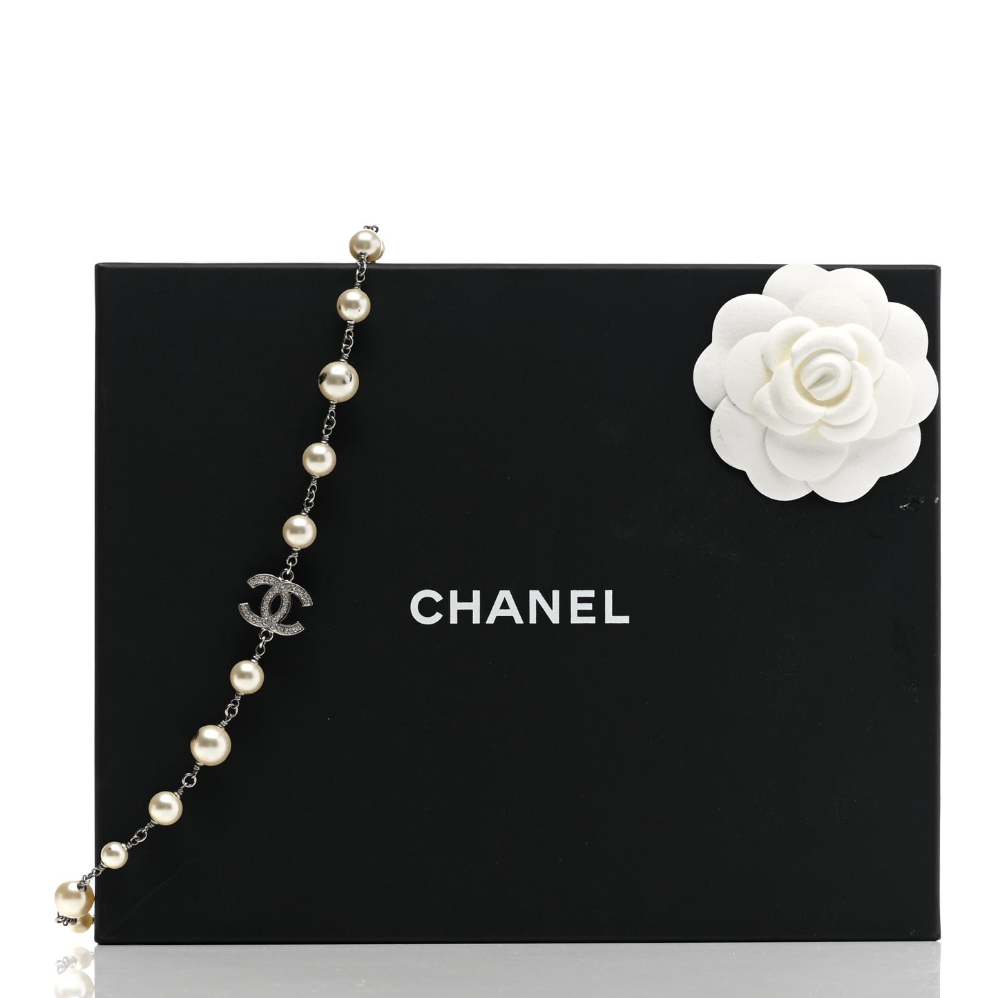 Graduated Pearl Crystal CC Long Necklace Silver