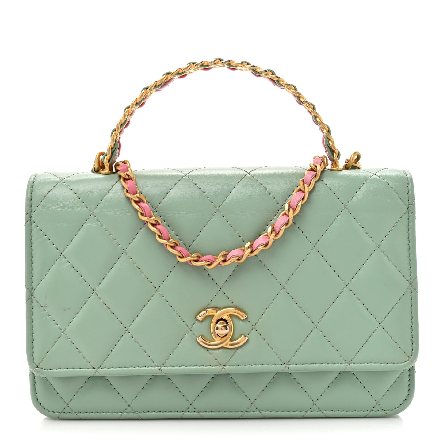 Shiny Calfskin Quilted Metal Top Handle Wallet On Chain WOC Light Green
