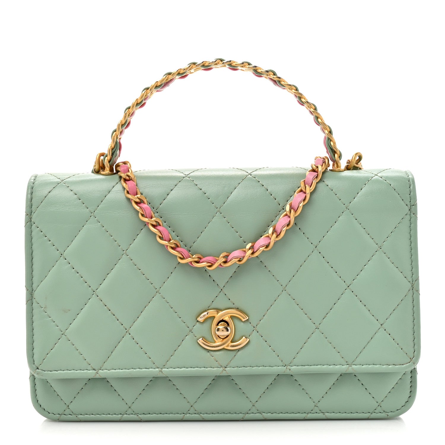 Chanel Shiny Calfskin Quilted Metal Top Handle Wallet On Chain WOC Light Green 1 of 15