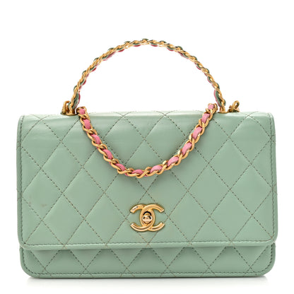 Chanel Shiny Calfskin Quilted Metal Top Handle Wallet On Chain WOC Light Green 1 of 15