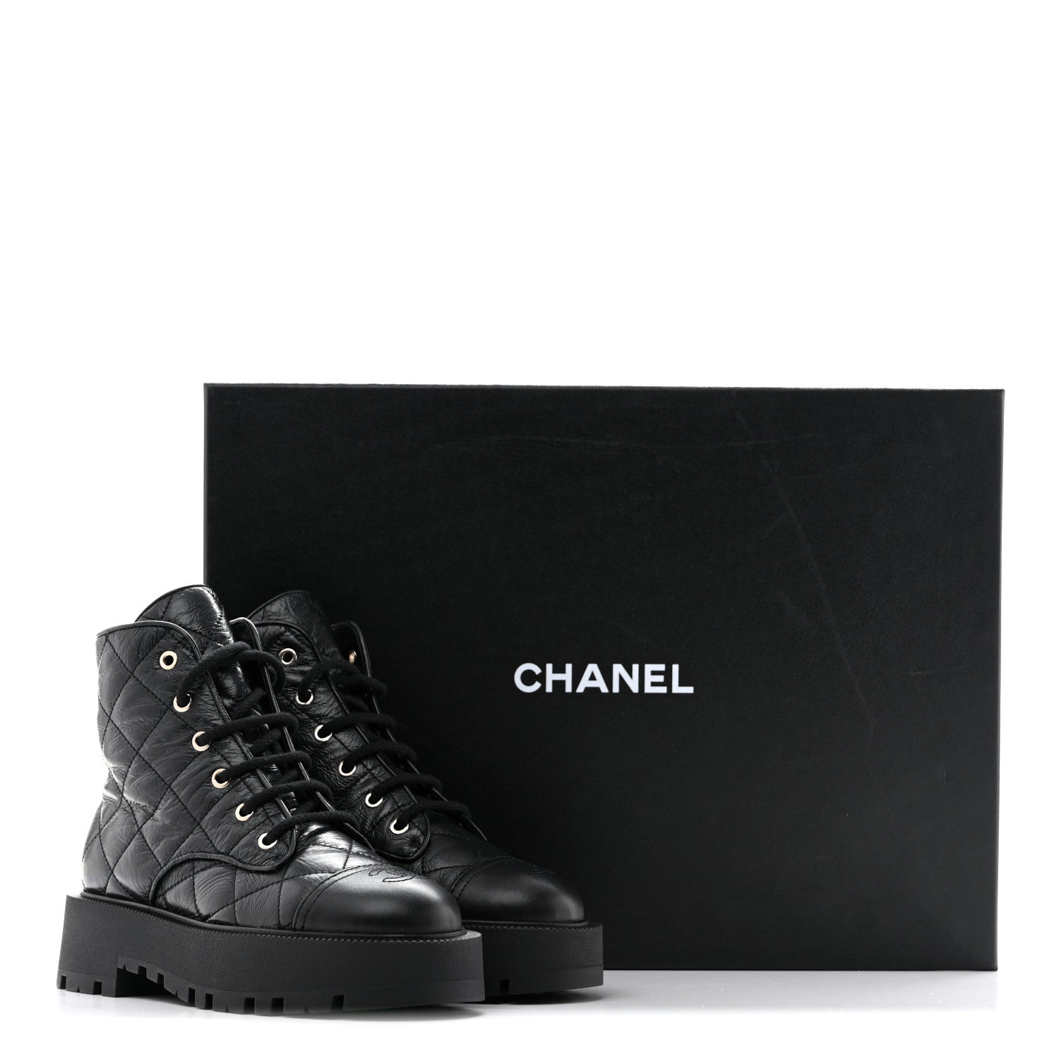 Chanel Shiny Calfskin Quilted Lace Up Combat Boots 37.5 Black 11 of 11