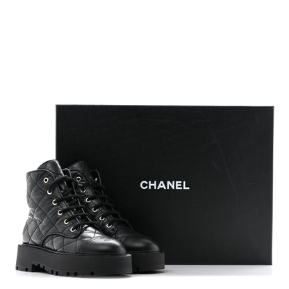 Chanel Shiny Calfskin Quilted Lace Up Combat Boots 37.5 Black 11 of 11