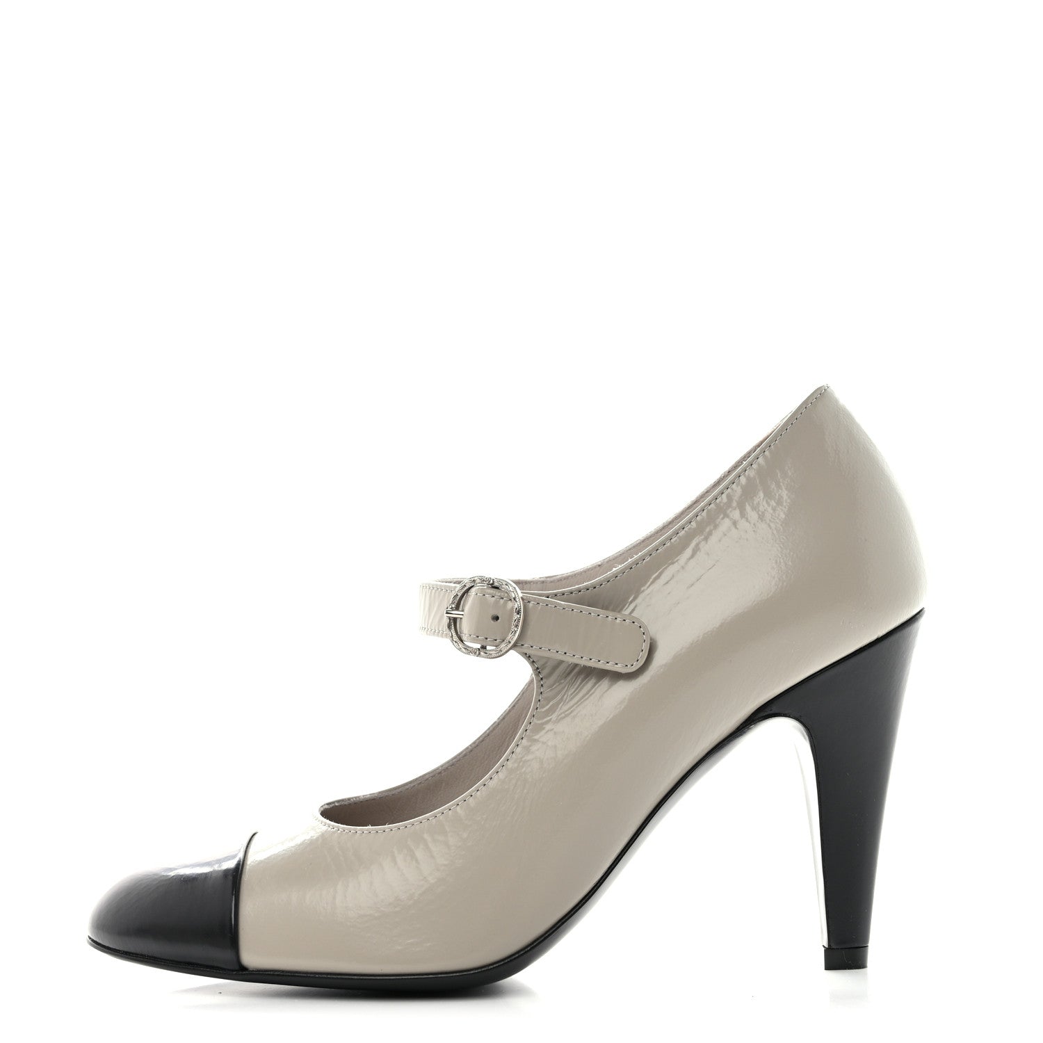 Chanel Shiny Goatskin Cap Toe Mary Jane Pumps 35.5 Grey Dark Grey 1 of 9