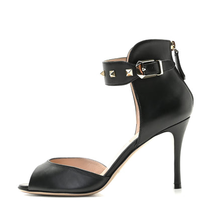 Valentino Garavani Calfskin Rockstud Ankle Strap Sandals 37.5 Black 1 of 14
