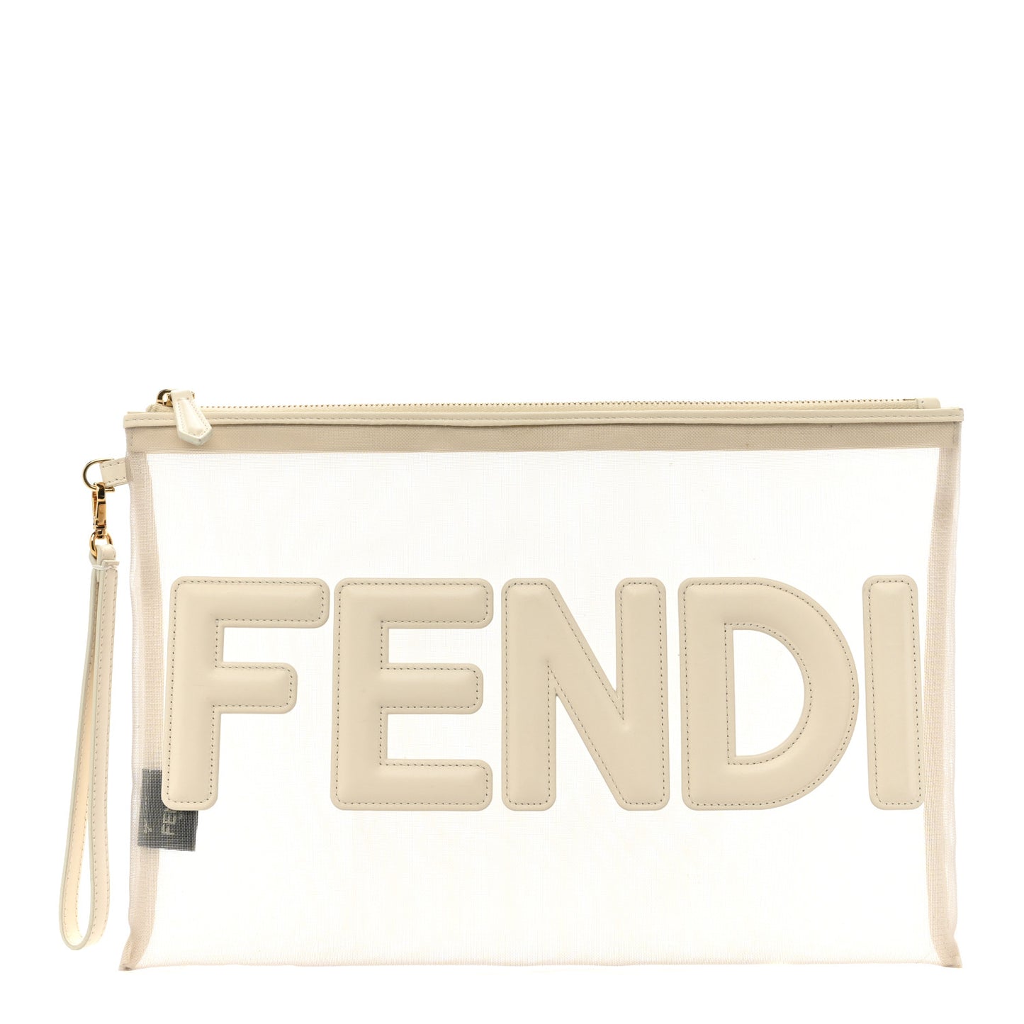 Mesh Vitello King Logo Embroidered Large Flat Pouch Sabbia White Ice
