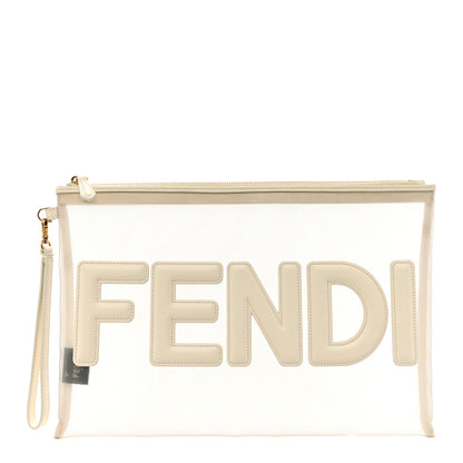 Fendi Mesh Vitello King Logo Embroidered Large Flat Pouch Sabbia White Ice 1 of 11