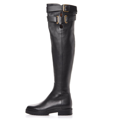 Valentino Garavani Calfskin Knee High Buckle Boots Black 36.5 Black 1 of 8