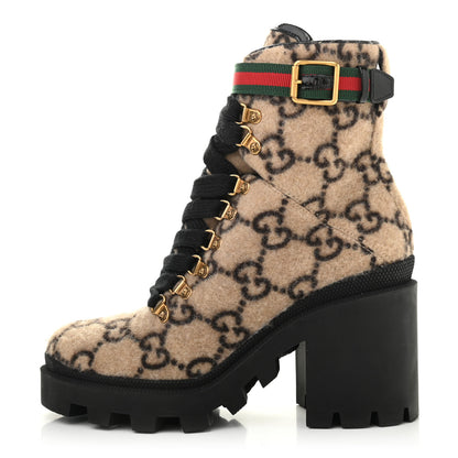 Gucci Covered Wool GG Monogram Womens Lace Up Combat Ankle Boots 38.5 Beige Ebony Black 1 of 11