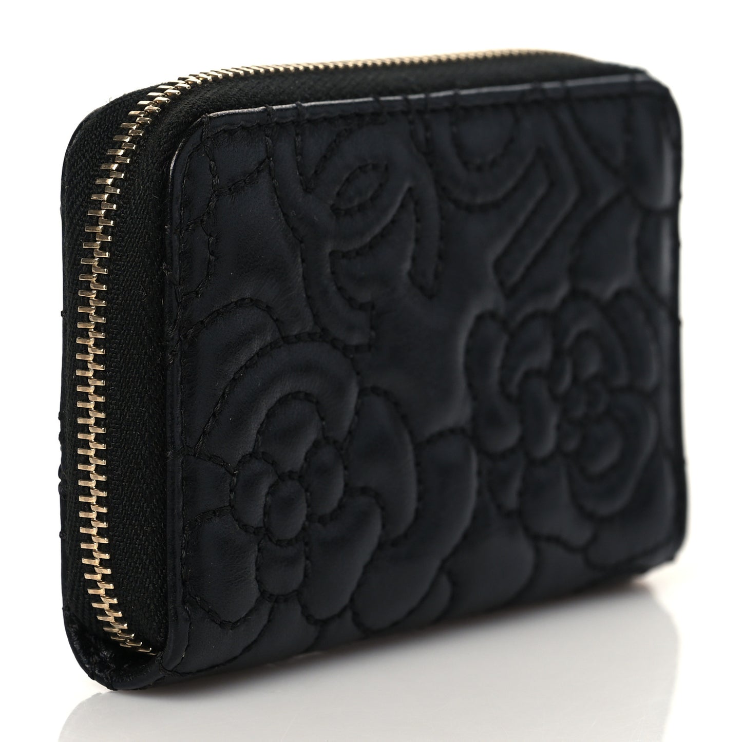 Lambskin Camellia Embossed Zip Coin Purse Black