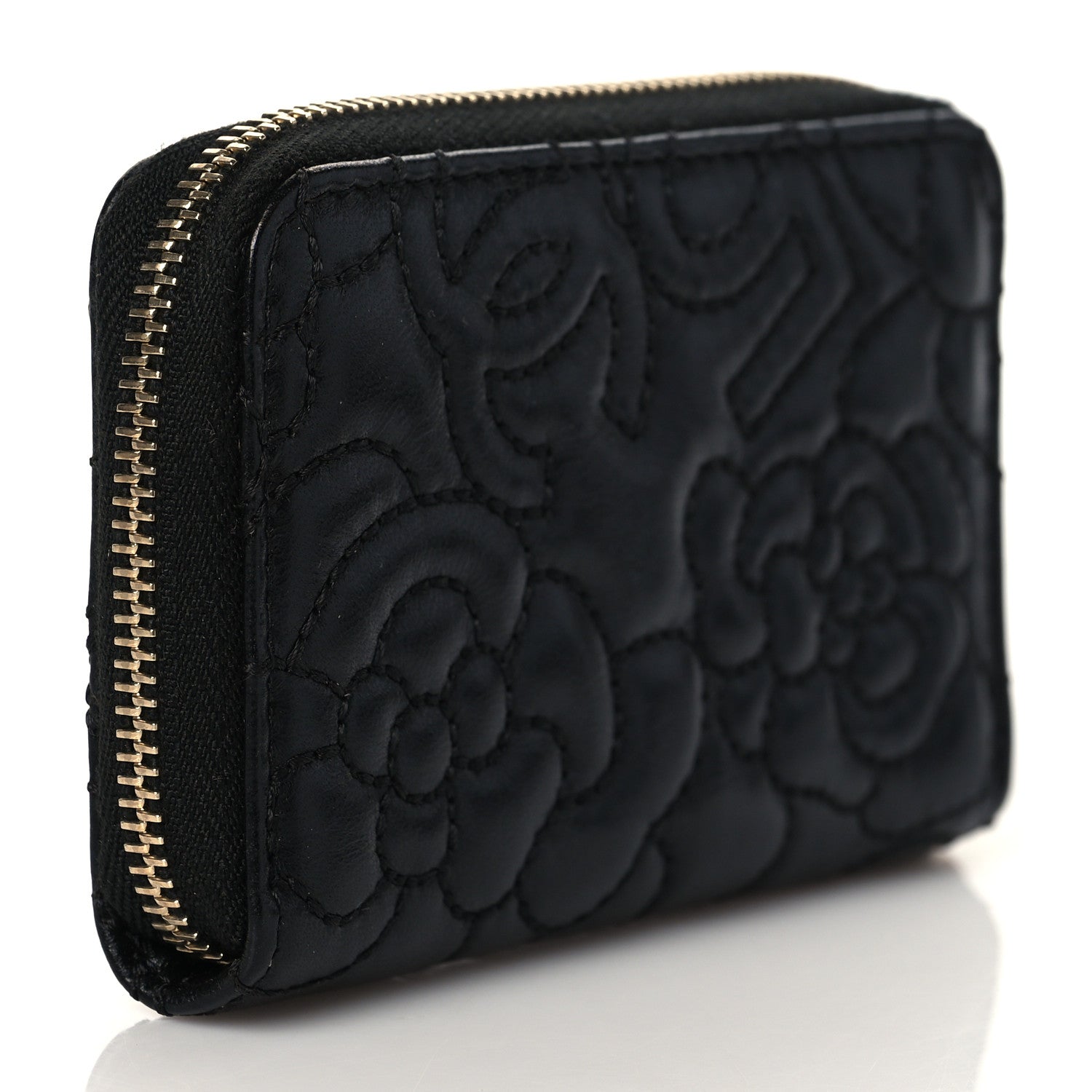 Chanel Lambskin Camellia Embossed Zip Coin Purse Black 3 of 9