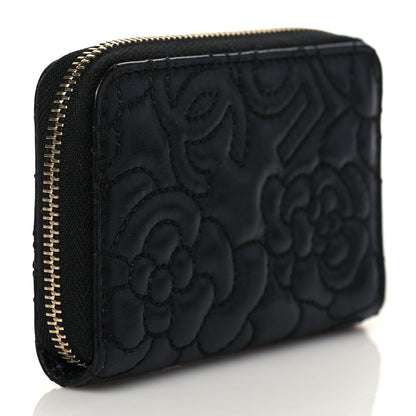 Chanel Lambskin Camellia Embossed Zip Coin Purse Black 3 of 9