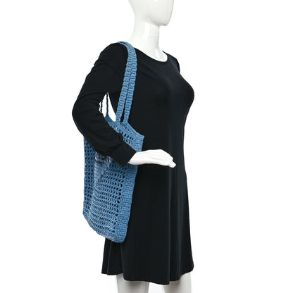Prada Yarn Raffia Effect Crochet Logo Embroidered Tote Bag Celeste 2 of 8