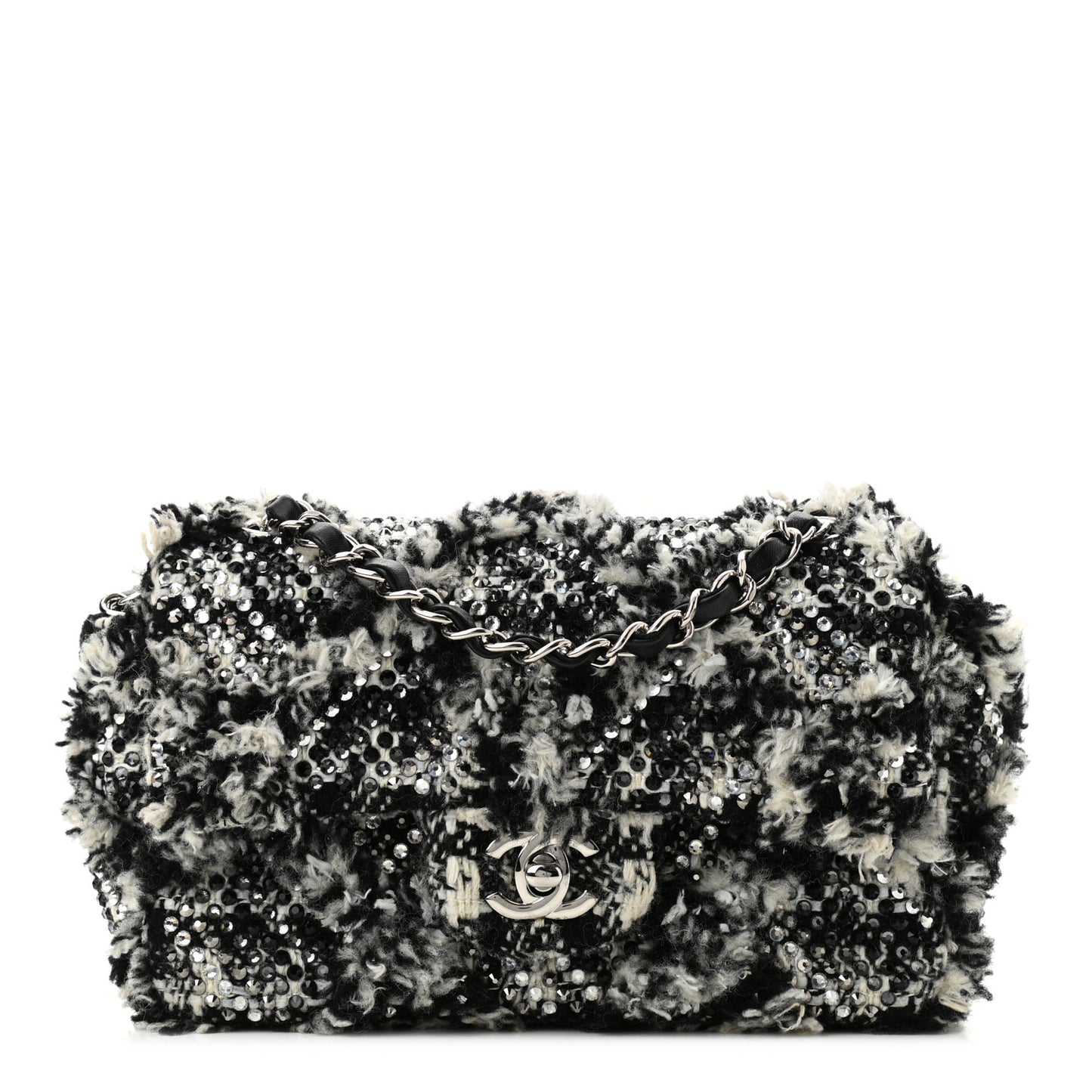 Crystal Tweed Quilted Small Double Flap Black Ecru White