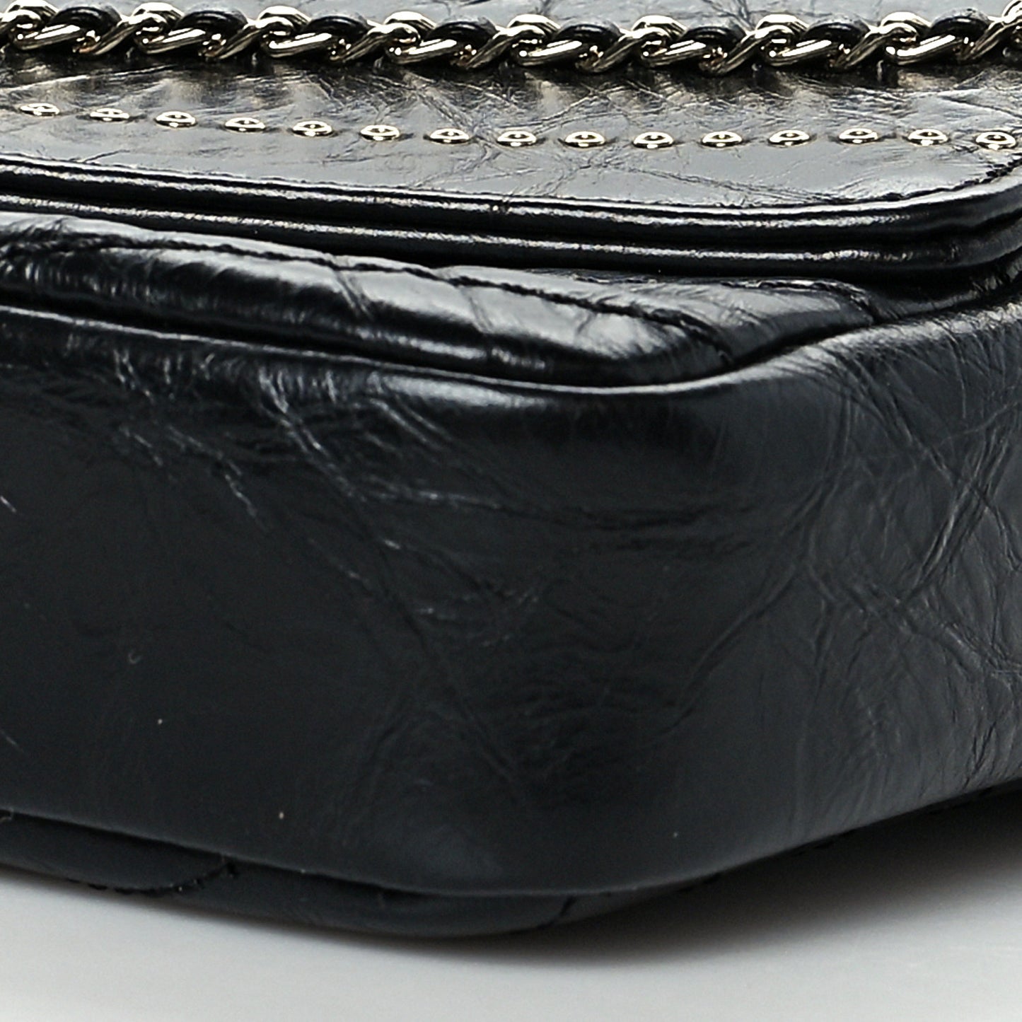 Crumpled Calfskin Chevron Chain Mini Square Flap Black