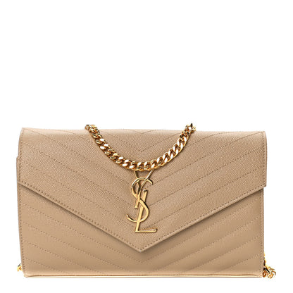 Saint Laurent Grain De Poudre Matelasse Chevron Monogram Chain Wallet Dark Latte 1 of 4