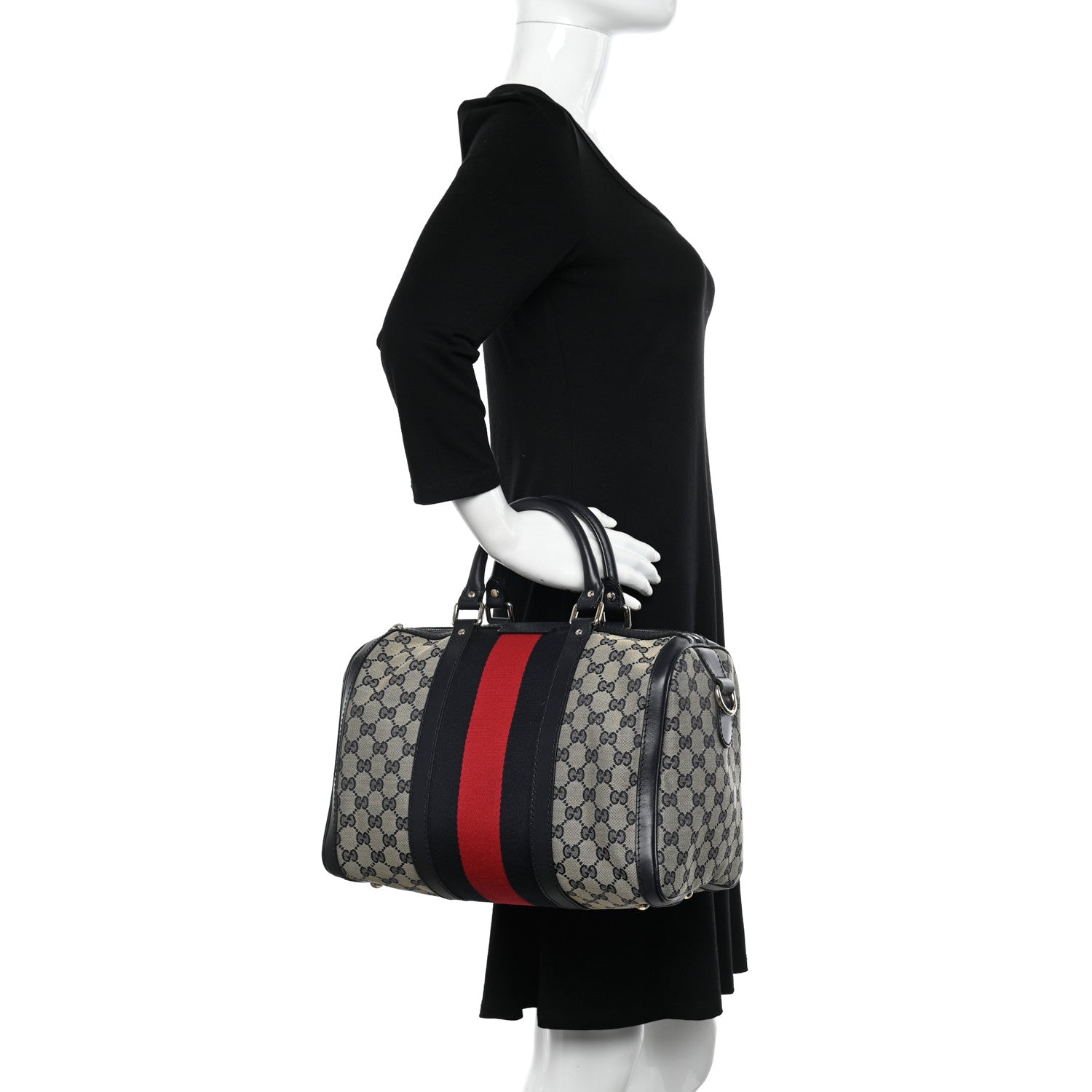 Gucci Monogram Selleria Calfskin Vintage Web Medium Boston Beige Blue 2 of 13