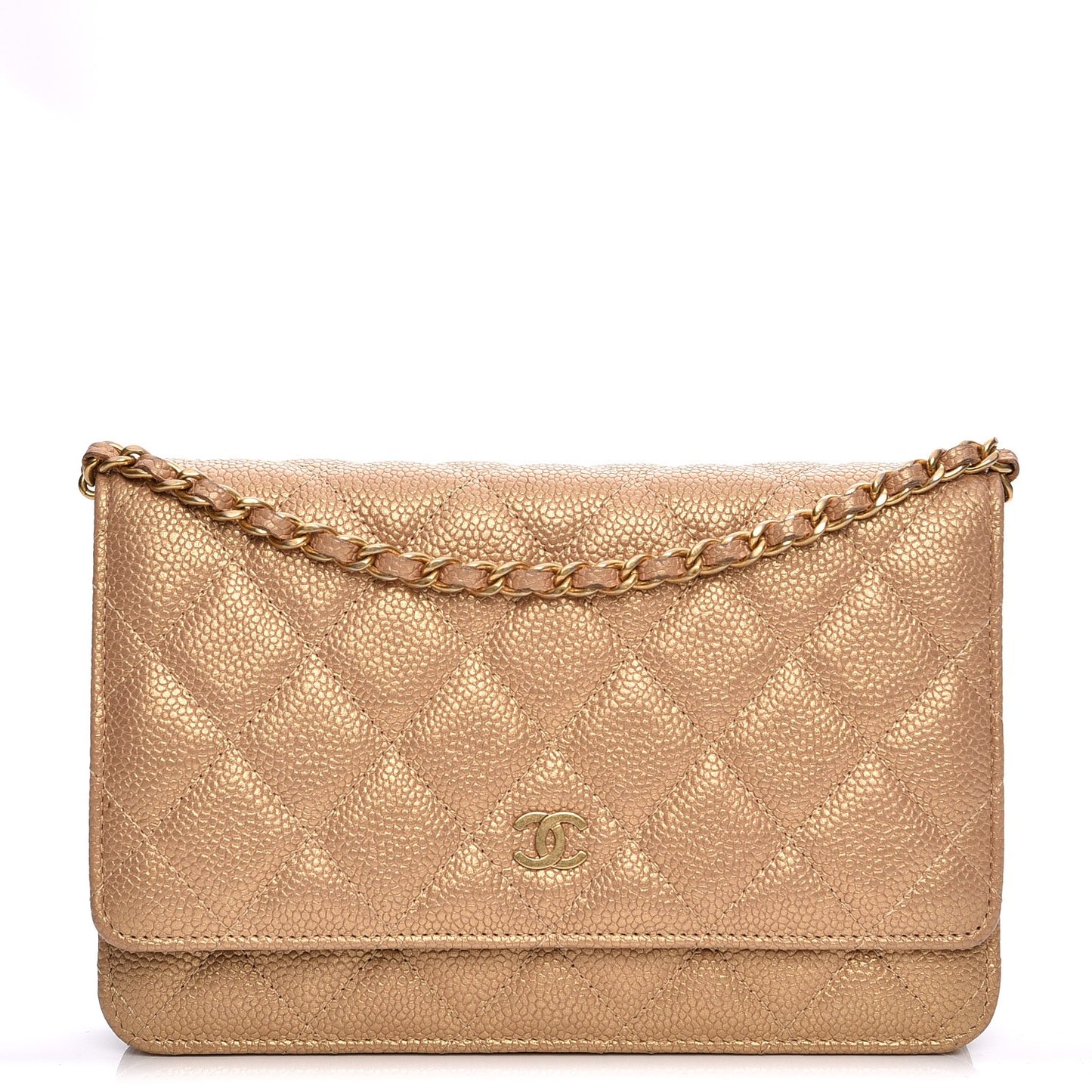 Pearly Caviar Quilted Wallet On Chain WOC Gold