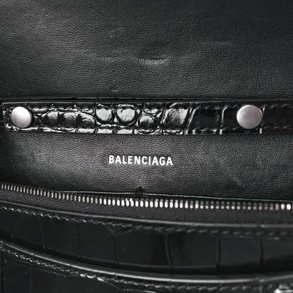 Balenciaga Shiny Calfskin Monochrome Crocodile Embossed Hourglass Chain Bag Black 6 of 10