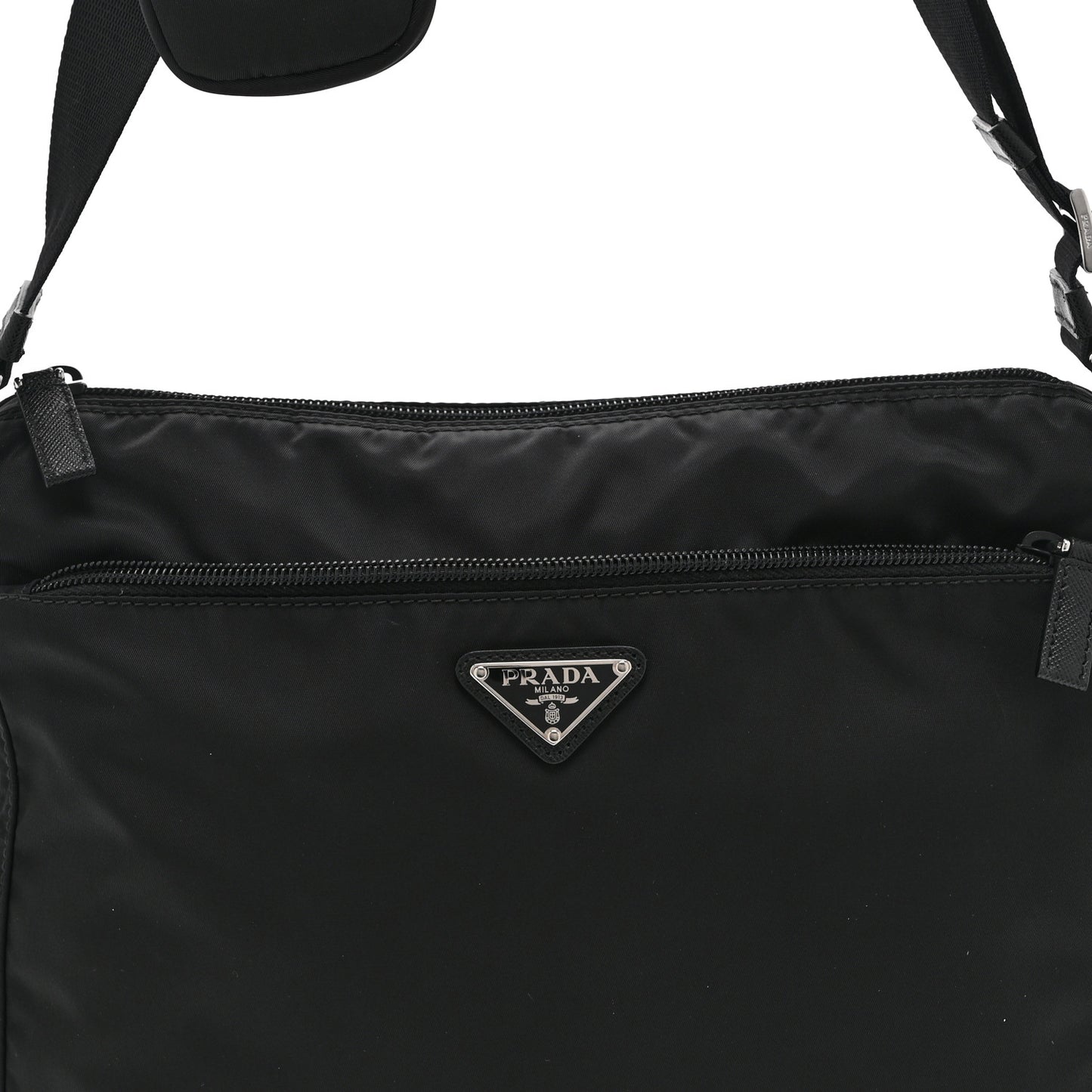 Re-Nylon Vela Saffiano Pocket Double Zip Messenger Bag Black