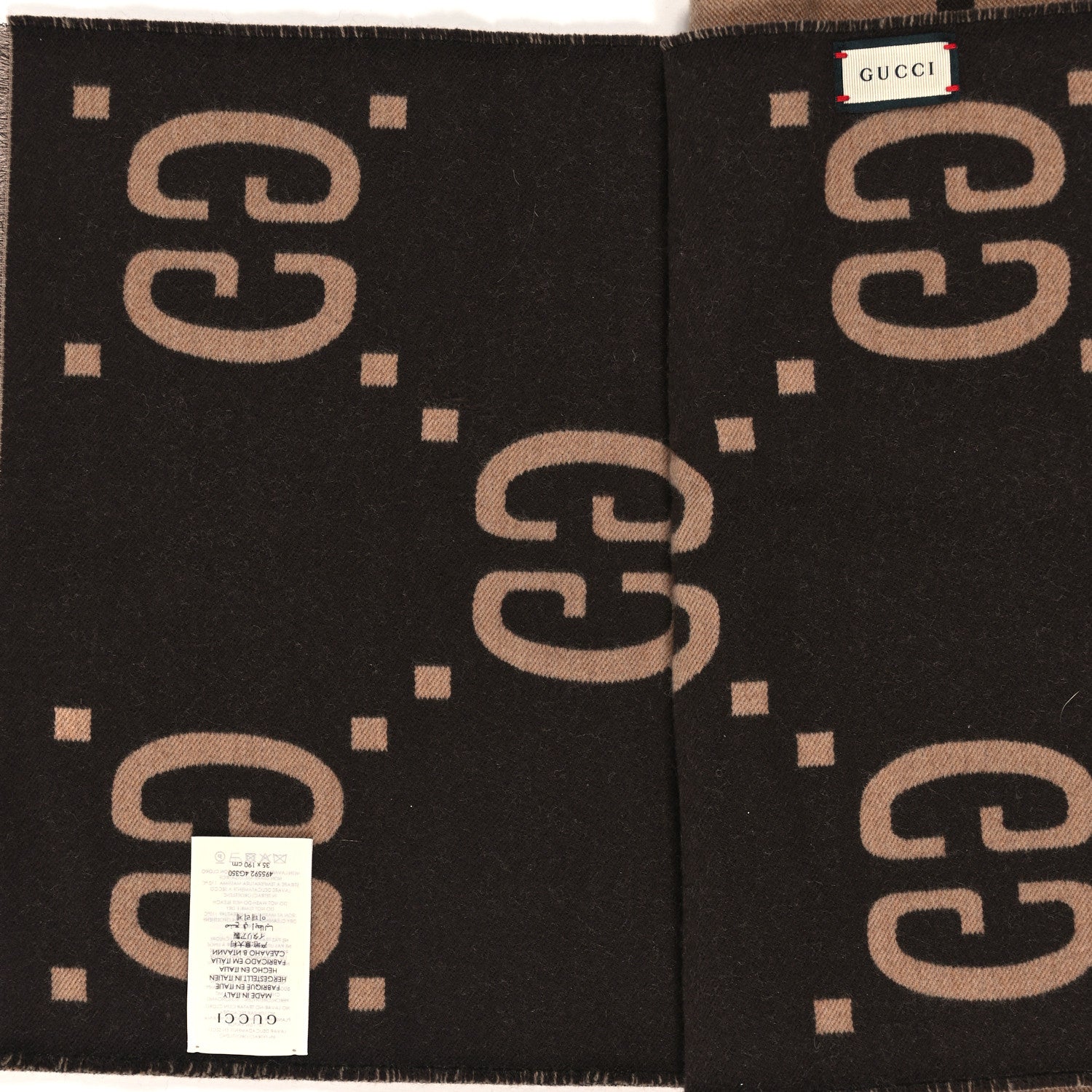 Gucci Wool Silk Monogram Jumbo GG Freedom Scarf Dark Brown Beige 3 of 3