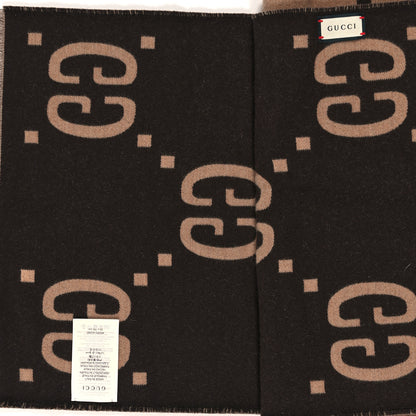 Gucci Wool Silk Monogram Jumbo GG Freedom Scarf Dark Brown Beige 3 of 3