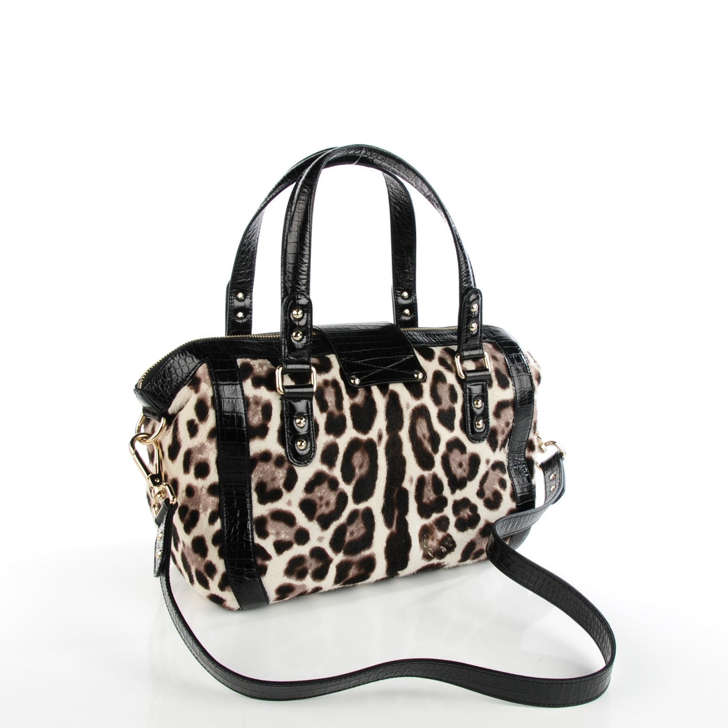 Crocodile Embossed Pony Hair Leopard Print Satchel Black