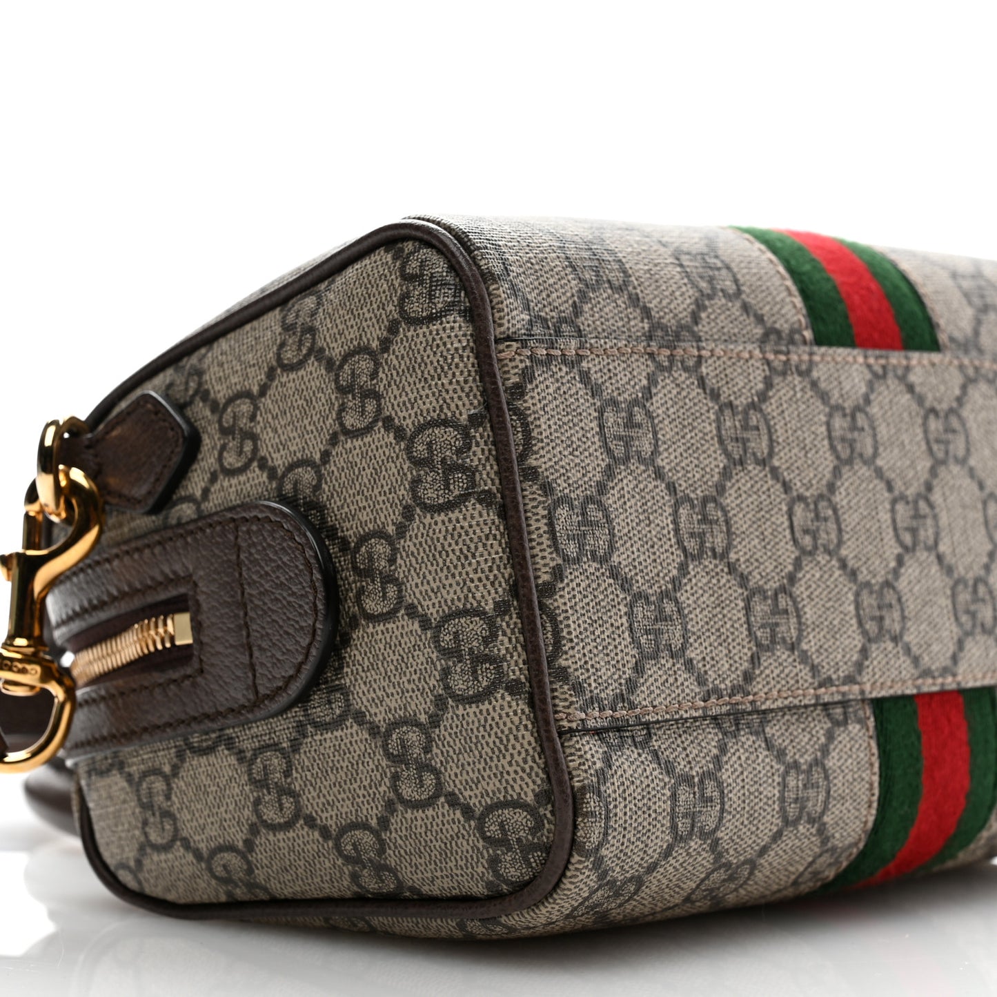 GG Supreme Monogram Textured Dollar Calfskin Web Mini Ophidia Top Handle Bag Beige Ebony New Acero
