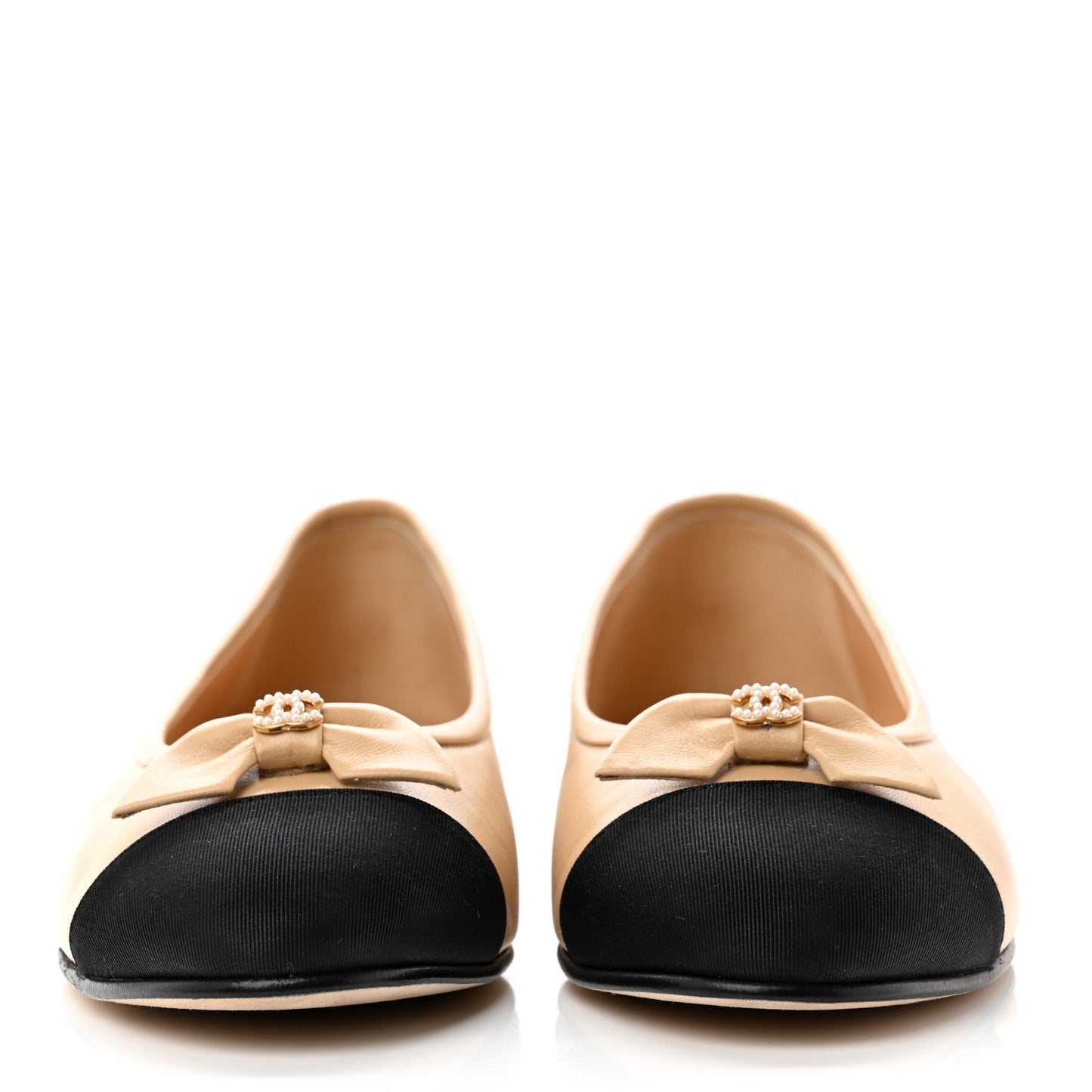 Lambskin Grosgrain Cap Toe Pearl CC Ballerina Flats 36.5 Beige Black
