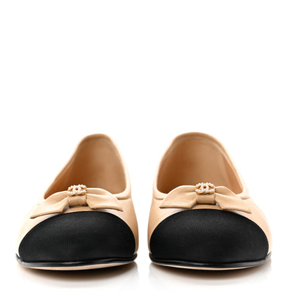 Chanel Lambskin Grosgrain Cap Toe Pearl CC Ballerina Flats 36.5 Beige Black 2 of 8