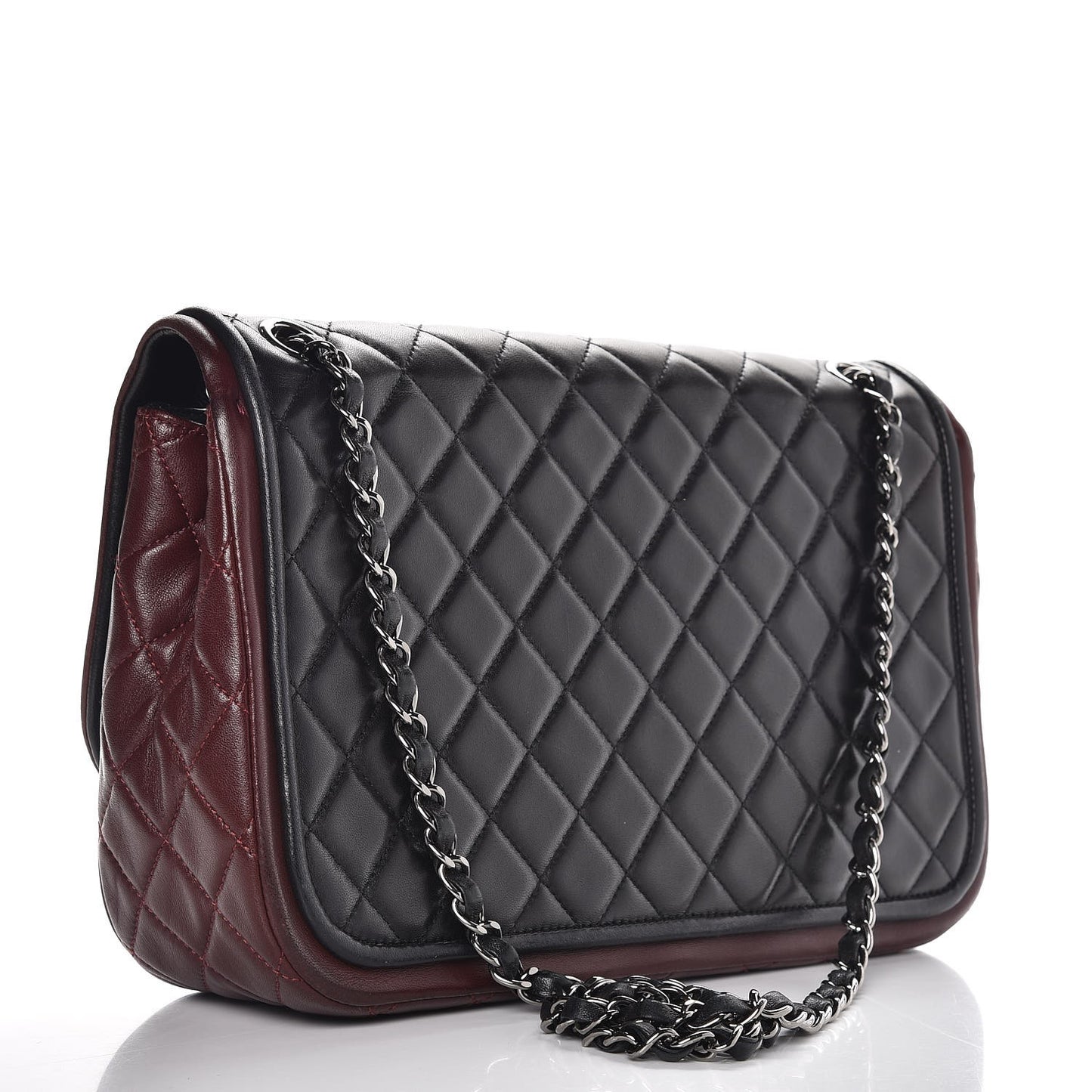 Lambskin Quilted Large Twist Two Tone Flap Bag Black Burgundy