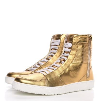 Gucci Metallic Nappa Silk Mens Dog Tag High Top Sneakers 10.5 Oro 3 of 9