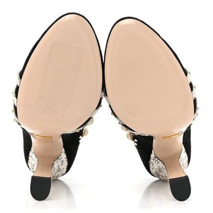 Gucci Suede Snakeskin Pearl Studded Ofelia Pumps 37 Black 5 of 11
