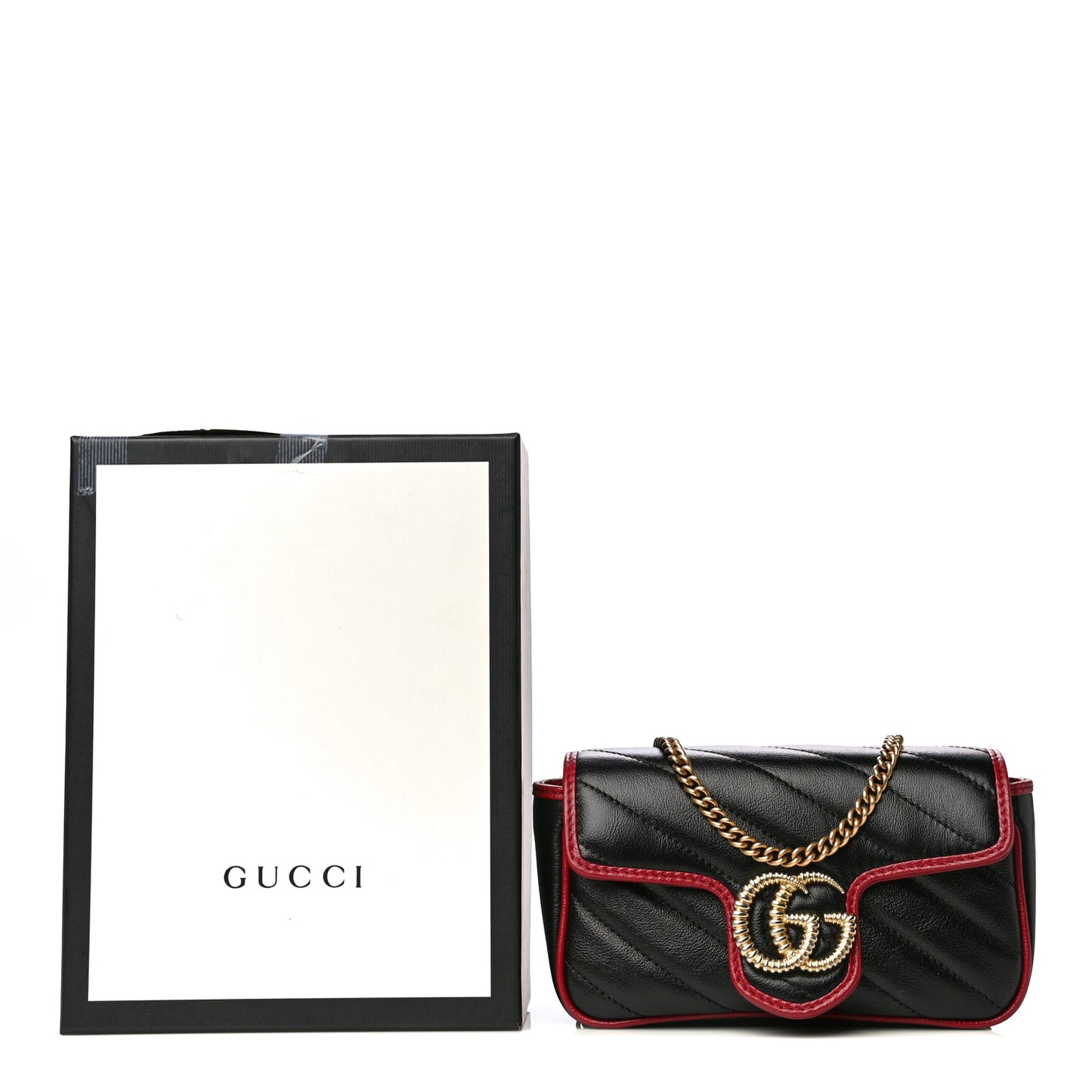 Vintage Effect Calfskin Matelasse Diagonal Super Mini Torchon GG Marmont Shoulder Bag Black Romantic Cherry