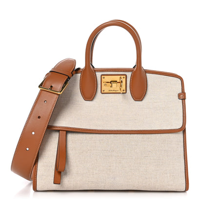 Salvatore Ferragamo Canvas Calfskin Medium The Studio Bag Beige Brown 1 of 8