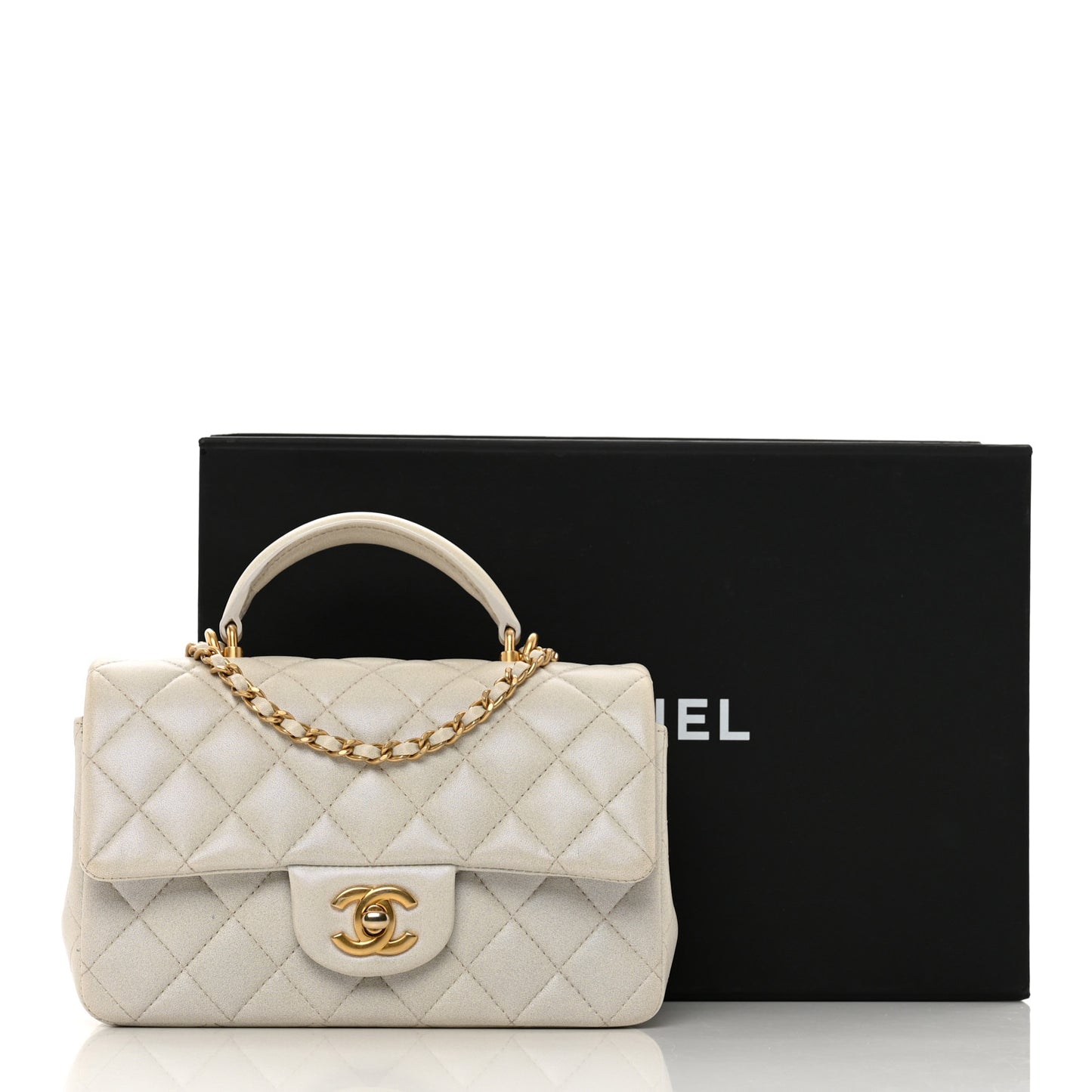Iridescent Lambskin Quilted Mini Top Handle Rectangular Flap White