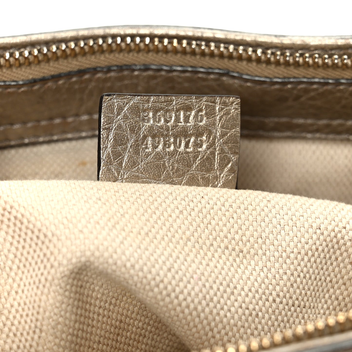 Metallic Pebbled Calfskin Small Soho Top Handle Bag Golden Beige
