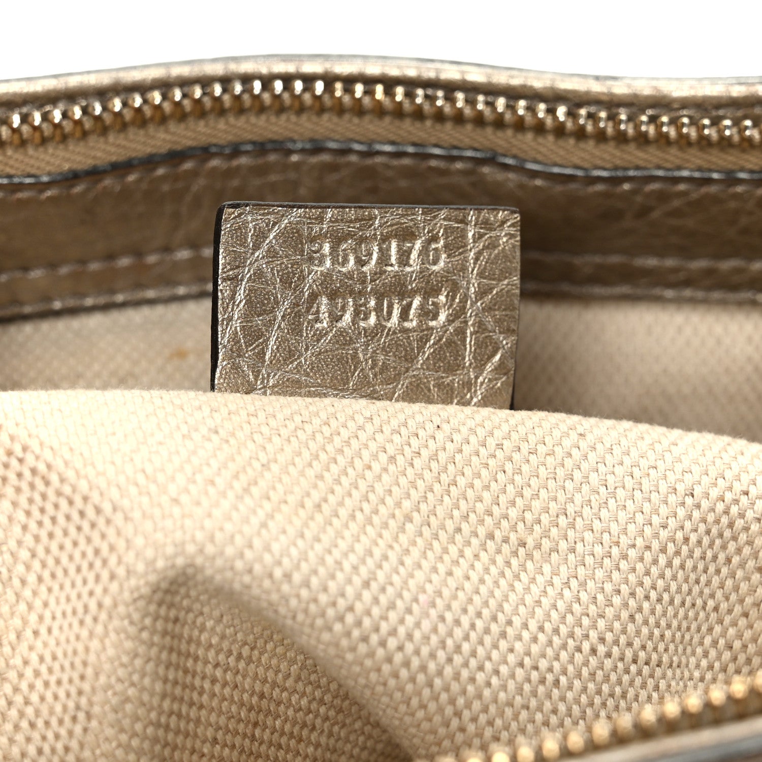 Gucci Metallic Pebbled Calfskin Small Soho Top Handle Bag Golden Beige 7 of 11