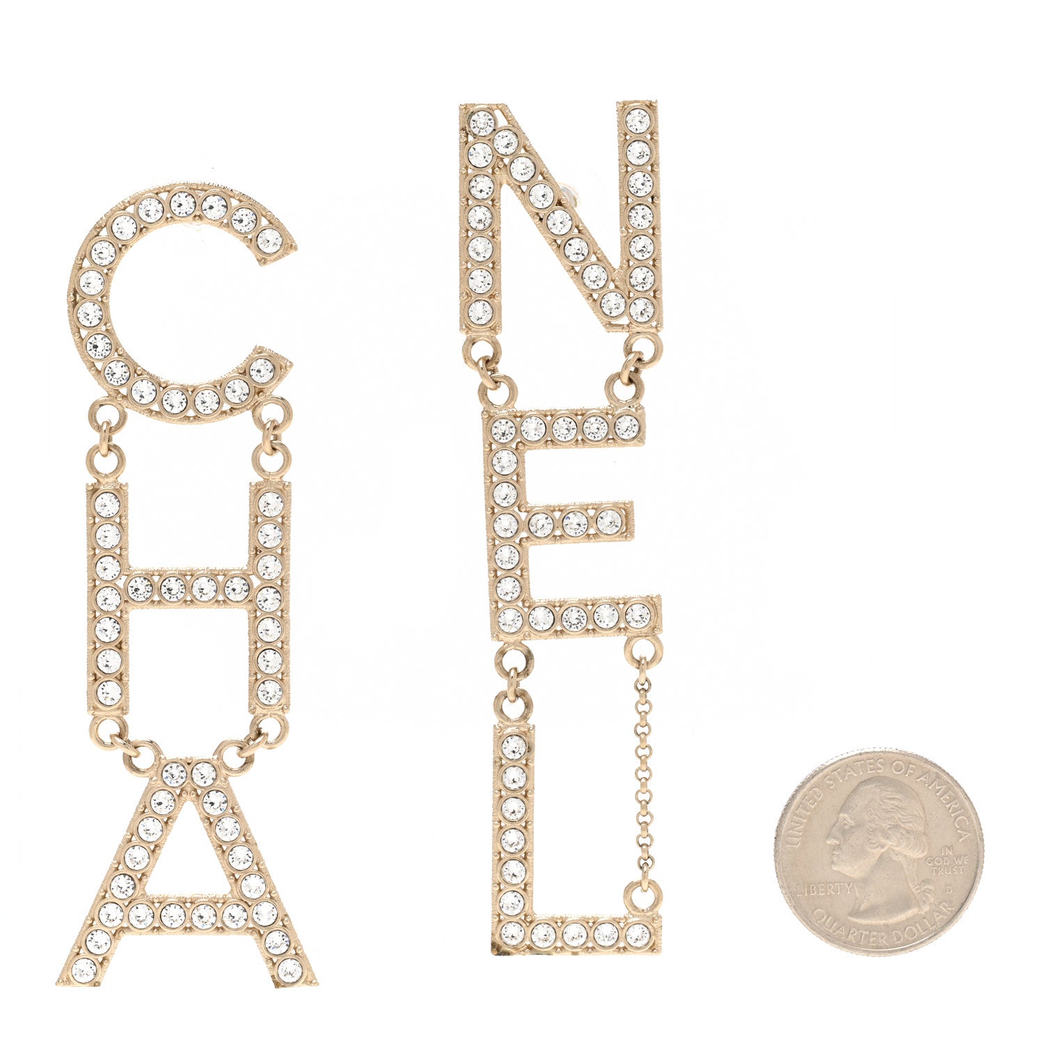 Chanel Crystal Cha-Nel Logo Drop Earrings Gold 2 of 5