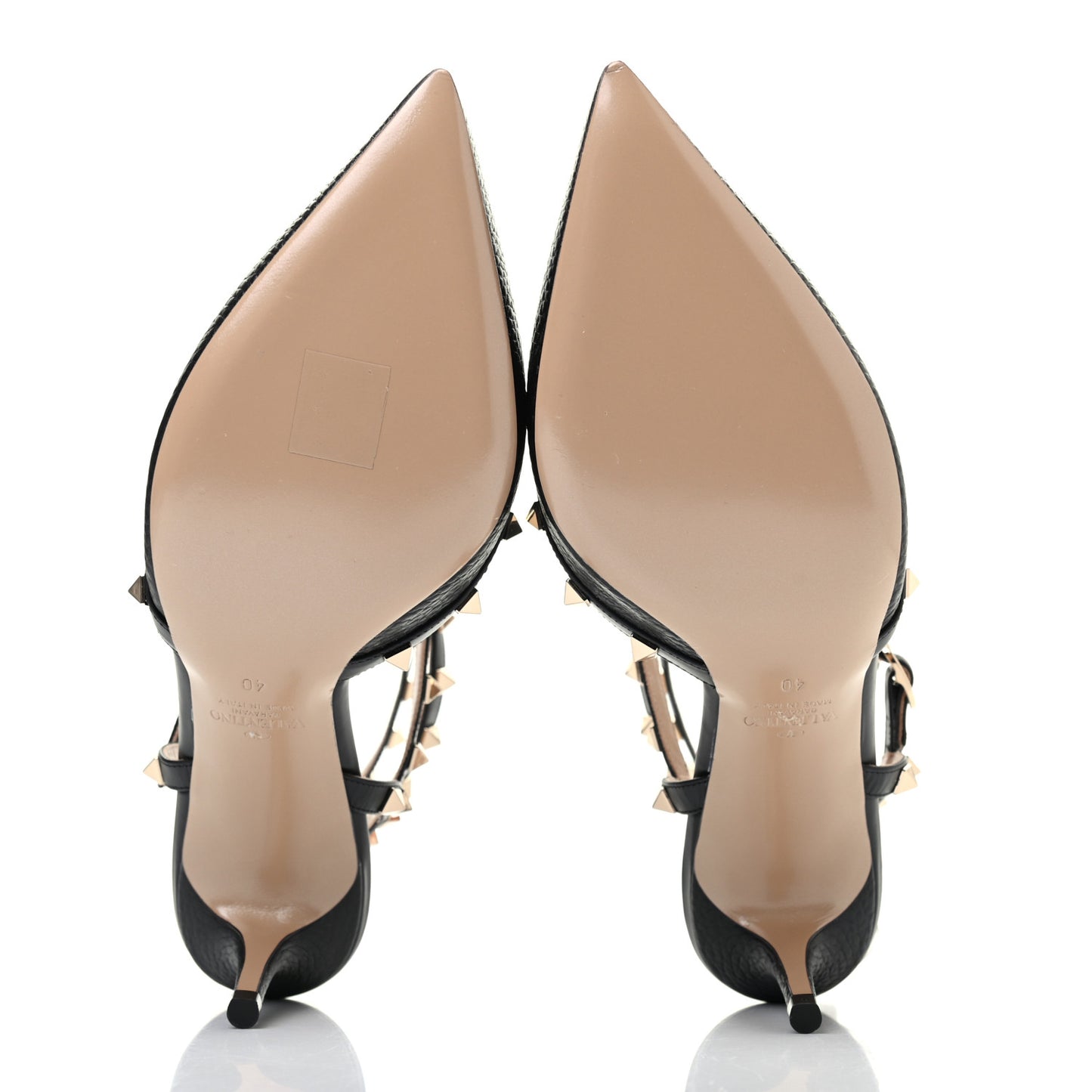 Pebbled Calfskin Rockstud Ankle Strap Low Heel Pumps 40 Black
