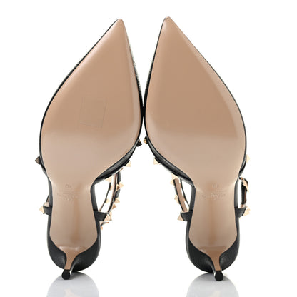 Valentino Garavani Pebbled Calfskin Rockstud Ankle Strap Low Heel Pumps 40 Black 4 of 6