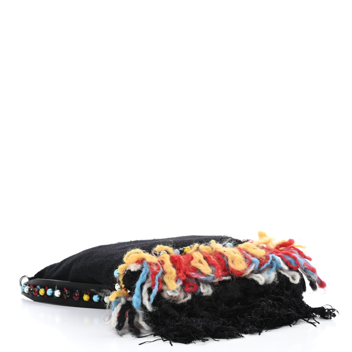 Wool Brooch Embellished Small Fringe Tote Black